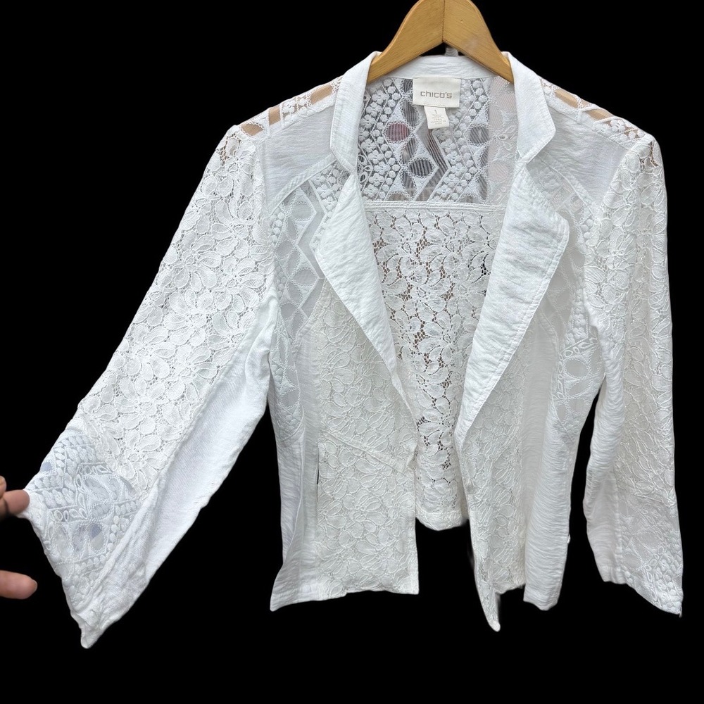 Chicos White Lace Sheer Medium Moto Jacket Mesh Boho Fairy Romantic Feminine